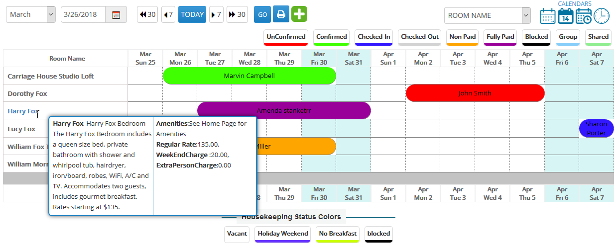 EasyInnkeeping Front Office Monthly Calendar