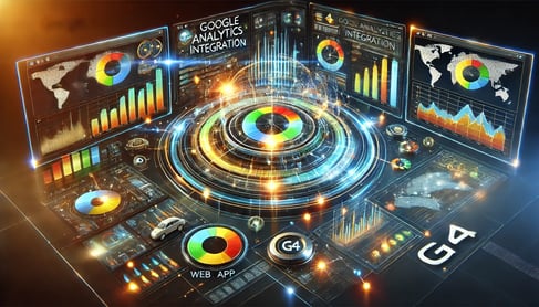 DALL·E 2024-12-13 00.51.28 - A cutting-edge digital art visualization of G4 Google Analytics Integration. It showcases a high-tech dashboard with sleek, glowing visual elements