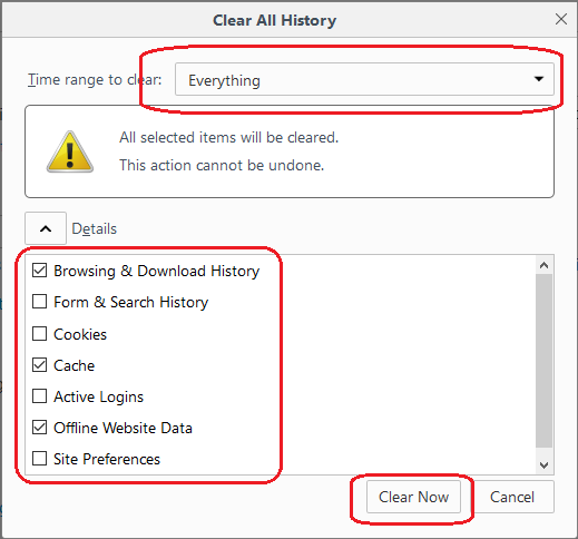 how to clear all history and cache in firefox